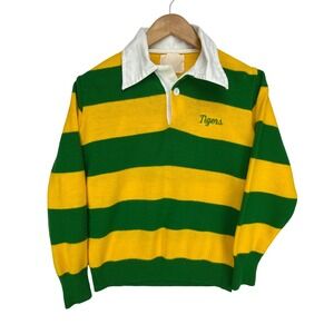 Vintage‎ 1980s High School Collared Sweater Tigers Rugby Medium Yellow Green